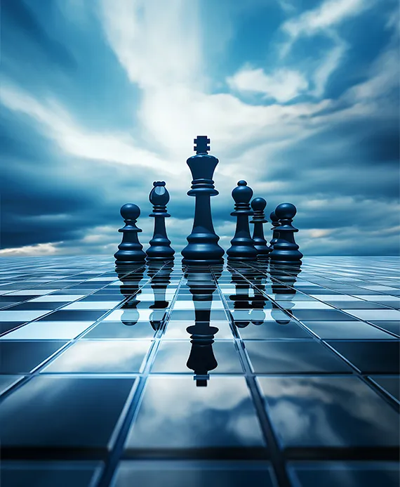 A chess king leading surrounding pieces on a reflective board, symbolizing strategic leadership and decision-making